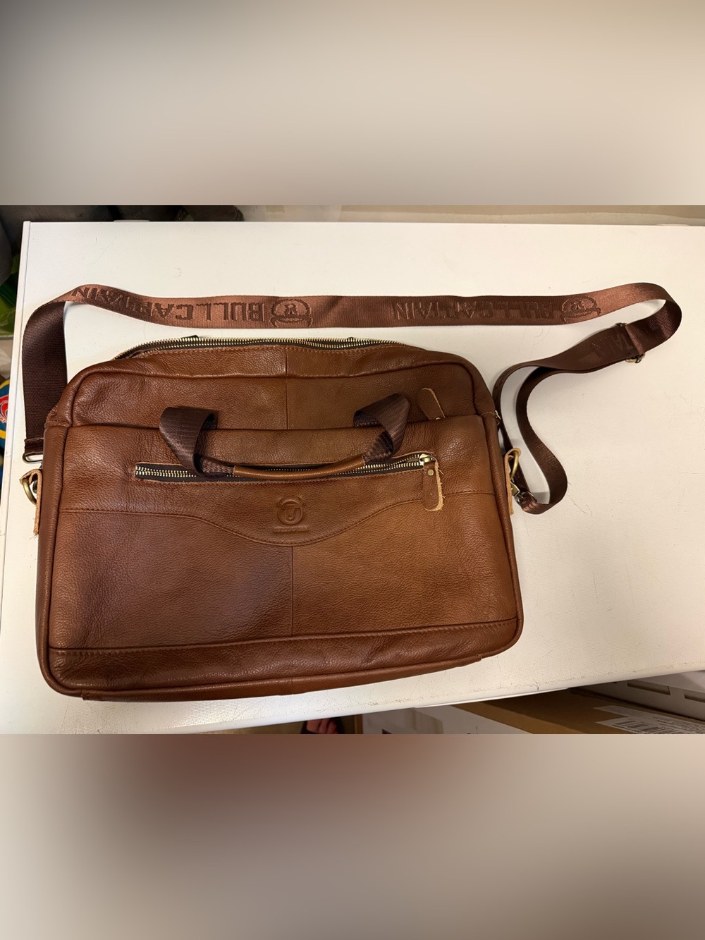 Bull Captain Leather Messenger Style Laptop Bag With Strap (brown)